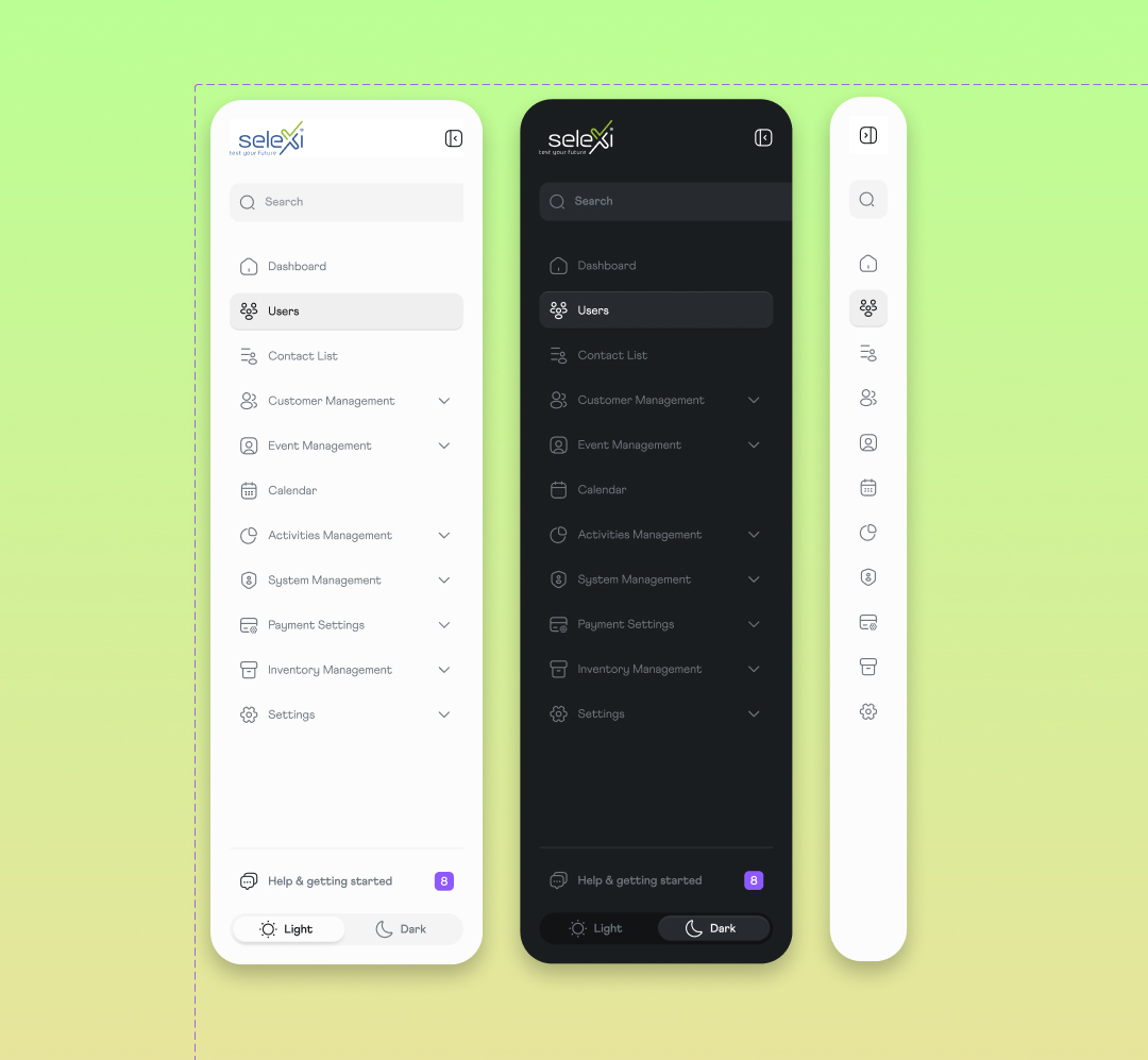 Sidebar in tema chiaro, scuro e collassato