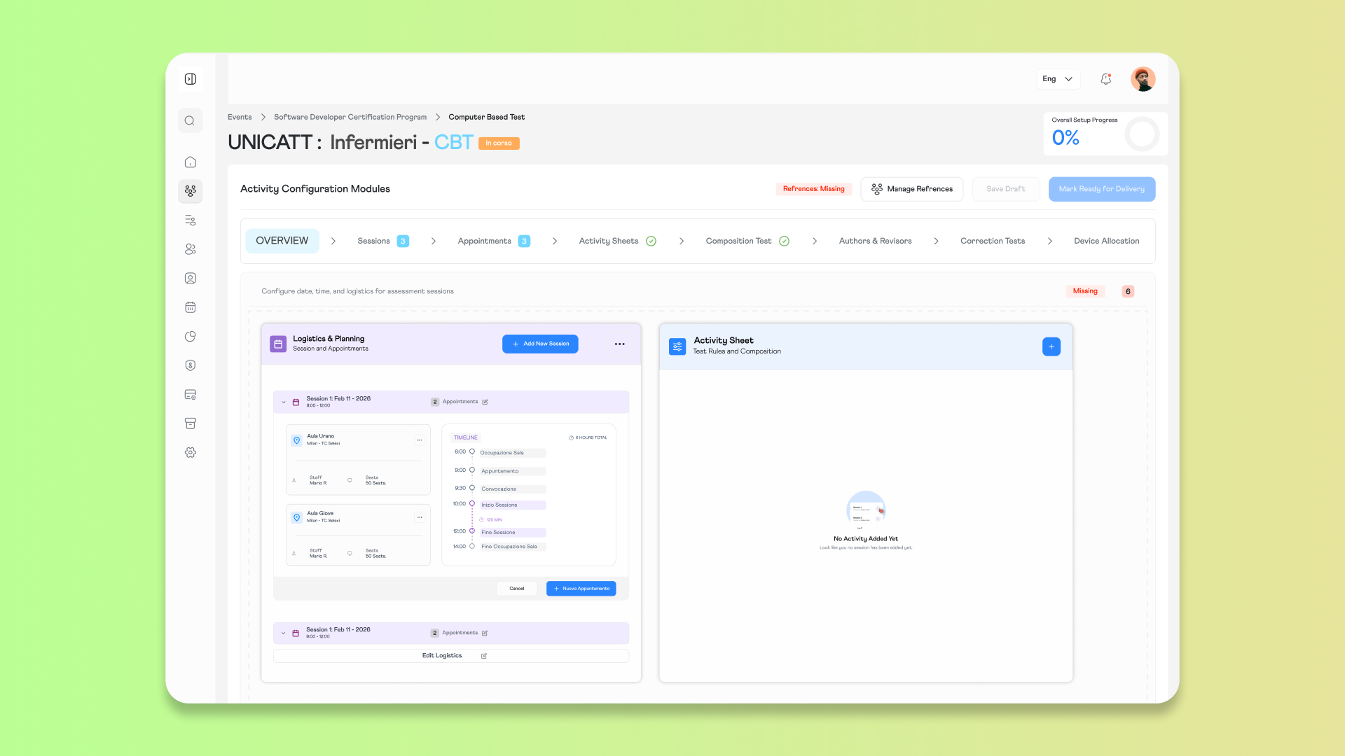 Vista Overview con logistica, sessioni e appuntamenti