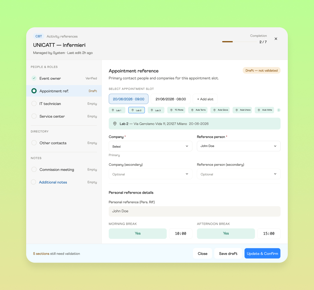 Pannello Manage References per la gestione dei referenti